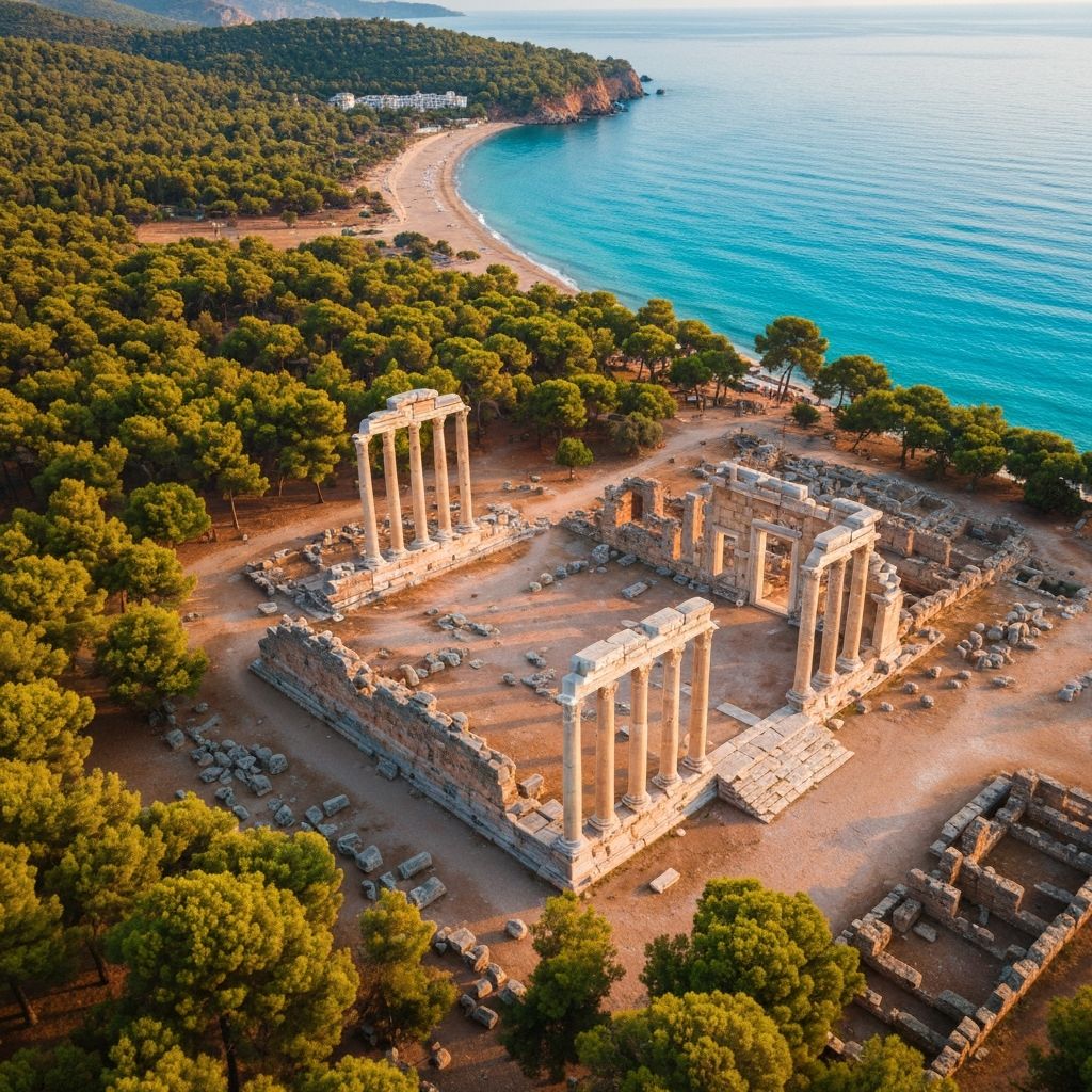 Phaselis Ancient City panoramic view with ruins and Mediterranean sea